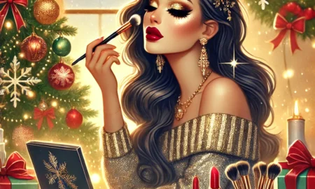 DALL·E 2024 12 15 08.45.06 A festive Christmas themed illustration featuring a woman finishing her holiday makeup. She has a glamorous look with shimmering gold and silver eyesh 450x270 - Tips de belleza para brillar en Navidad