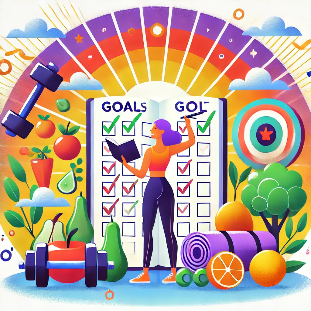 DALL·E 2025 01 09 09.15.03 A motivational illustration showing a person holding a planner and checking off goals surrounded by symbols of healthy habits like fruits vegetables - Cómo Superar la Cuesta Emocional de Enero: Bienestar y Salud Mental