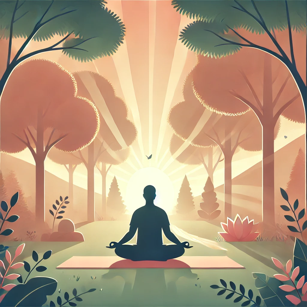 DALL·E 2025 01 09 09.15.06 A serene illustration showing a person meditating outdoors at sunrise symbolizing mindfulness and emotional recovery. The scene features soft sunligh - Cómo Superar la Cuesta Emocional de Enero: Bienestar y Salud Mental