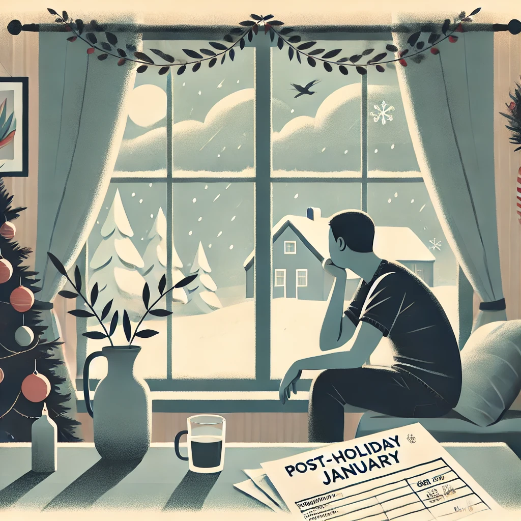 DALL·E 2025 01 09 09.15.09 An illustration capturing the emotional lows of post holiday January with a thoughtful person sitting indoors by a window looking out at a cloudy wi - Cómo Superar la Cuesta Emocional de Enero: Bienestar y Salud Mental