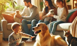 DALL·E 2025 01 28 11.39.55 A warm and inviting living room scene with a family including two children happily playing with a dog and a cat. The dog is a friendly golden retrie 300x180 - Beneficios de tener una mascota en el hogar