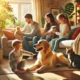 DALL·E 2025 01 28 11.39.55 A warm and inviting living room scene with a family including two children happily playing with a dog and a cat. The dog is a friendly golden retrie 80x80 - Beneficios de tener una mascota en el hogar